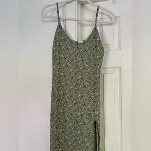 Reformation Olive Green Floral Midi Dress with Blue Accents